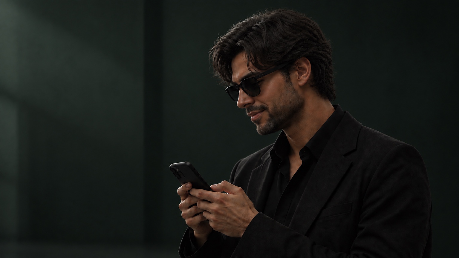 A man in a dark jacket looking at his phone